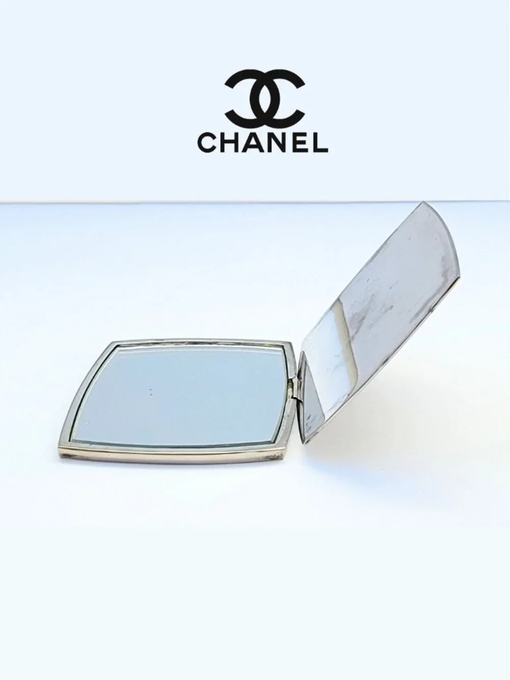 CHANEL authentic vintage compact mirror, silver &  silver mesh sleeve, CC logo